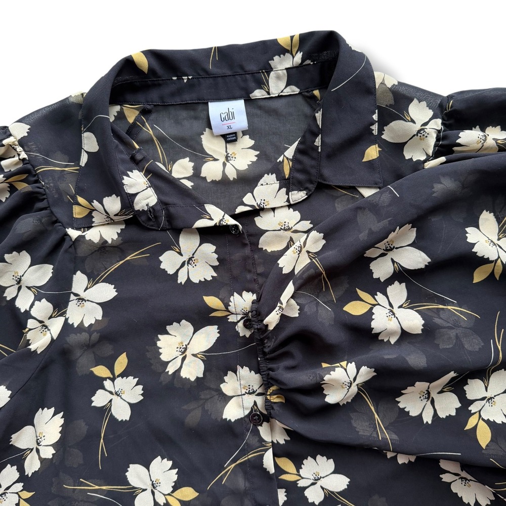 Cabi Women XL Black Mustard Floral Sheer Puff Sleeve Button Fr Cosmo Blouse 4159